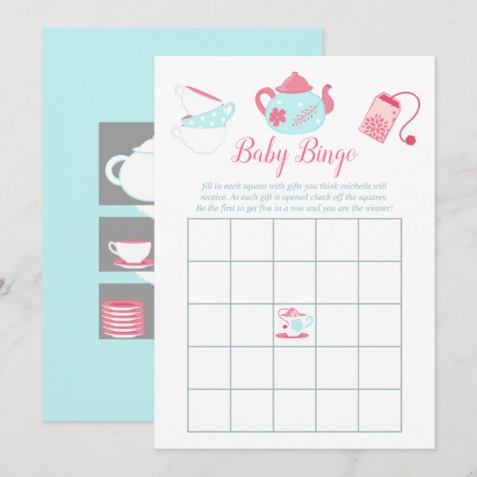 Invitation Shabby-Chic Baby shower Tea Party Bingo (Devant / Derrière)