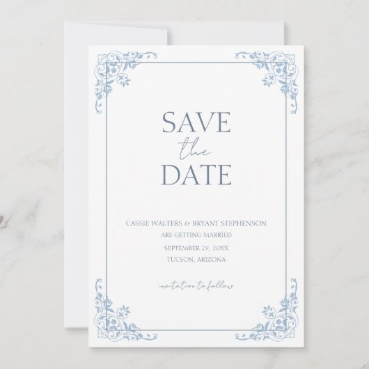 Invitation Shabby Chic Bleu et Blanc Minimal Enregistrer la d (Devant)