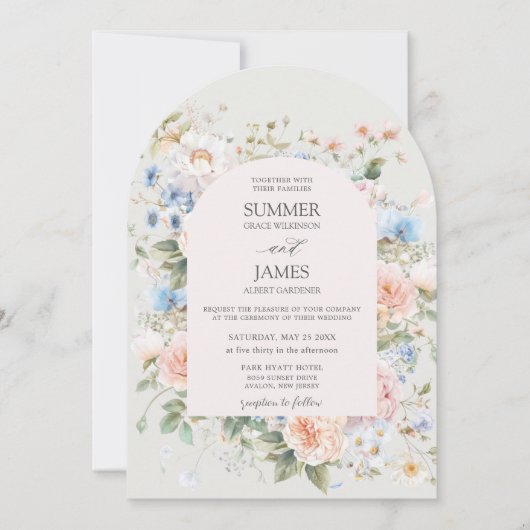 Invitation Shabby Chic Blush Bleu Blanc Floral Mariage (Devant)