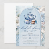 Invitation Shabby chic dusté bleu et blanc fête du thé nuptia (Devant / Derrière)