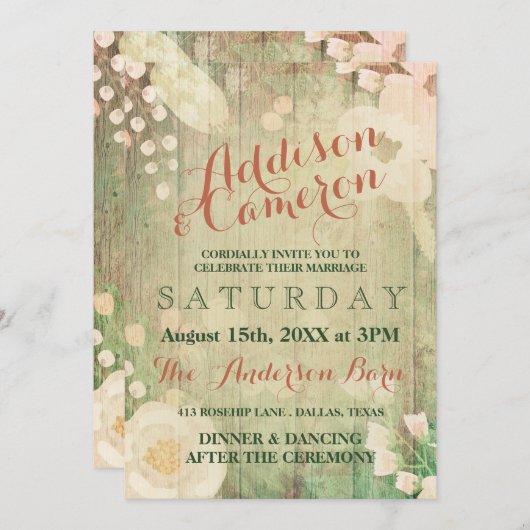 Invitation Shabby Chic Florals | MARIAGE (Devant / Derrière)