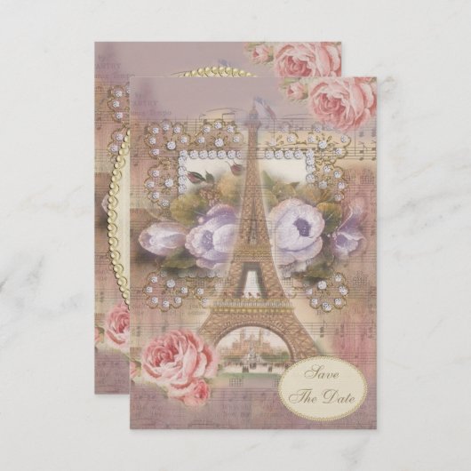 Invitation Shabby Chic Tour Eiffel Floral Enregistrer la date (Devant / Derrière)
