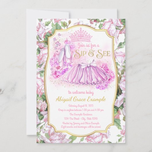 Invitation Shabby Rose Tutu Princess Sip et voir les invitati (Devant)