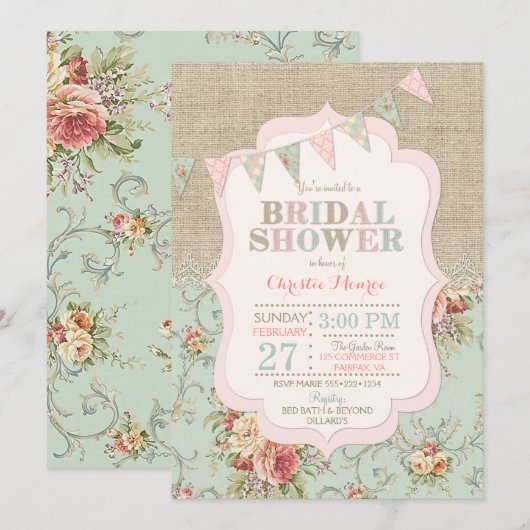 Invitation Shabby Rustique Pays Chic Floral Lace Burlap (Devant / Derrière)