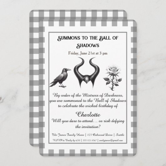 Invitation Shadow Ball Dark Fantasy Birthday Design Script (Devant / Derrière)