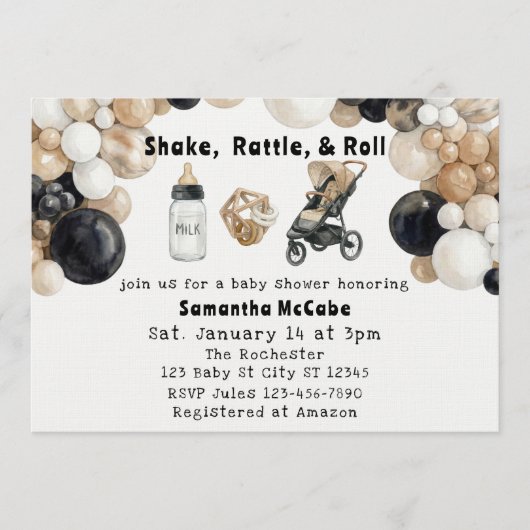 Invitation Shake, Rattle, Roll & Balloon Arch Baby Shower (Devant)