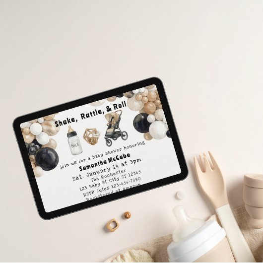 Invitation Shake, Rattle, Roll & Balloon Arch Baby Shower