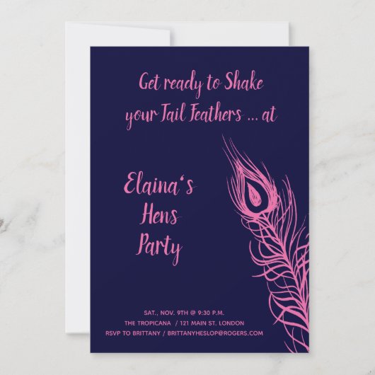 Invitation Shake your Tail Feathers Hens Party fuchsia & mari (Devant)
