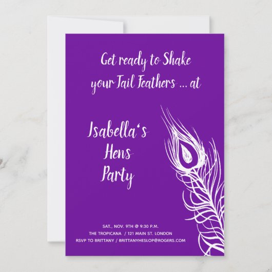 Invitation Shake your Tail Feathers Hens Party (violet) (Devant)