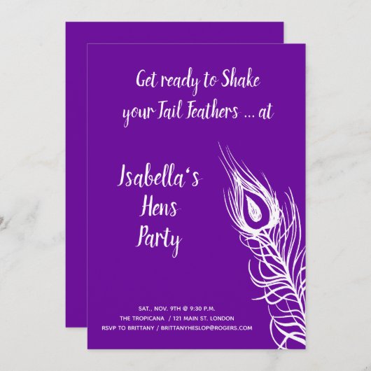 Invitation Shake your Tail Feathers Hens Party (violet) (Devant / Derrière)