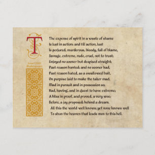 Invitation Shakespeare Sonnet 129 (CXXIX) sur parchemin
