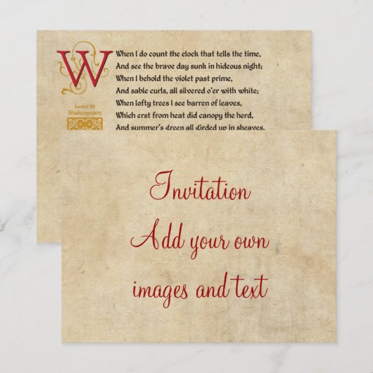 Invitation Shakespeare Sonnet 12 (XII) sur le parchemin (Devant / Derrière)