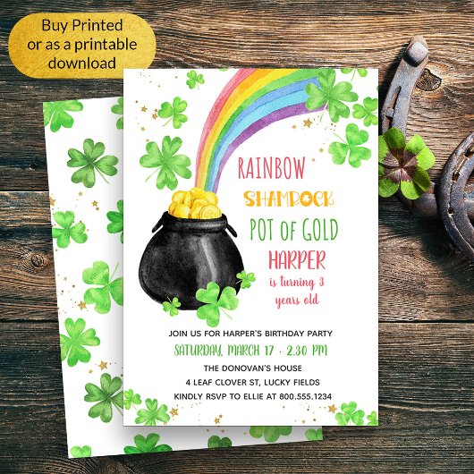 Invitation Shamrock arc-en-ciel Pot d'Anniversaire de enfant 