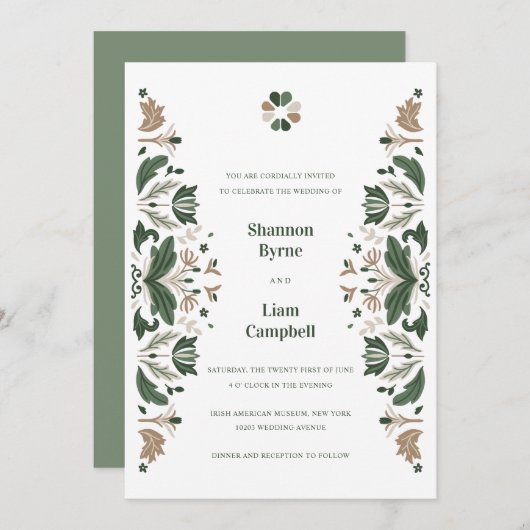 Invitation Shamrock d'art populaire irlandais Mariage celtiqu (Devant / Derrière)