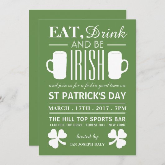 Invitation Shamrock et bière irlandaise St Patrick's Day (Devant / Derrière)