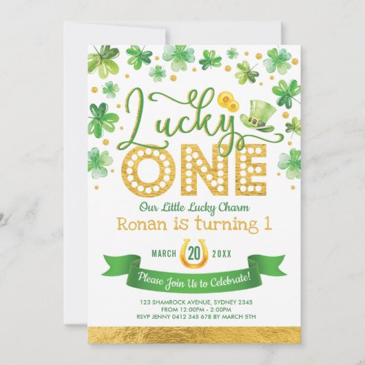 Invitation Shamrock Gold Vert Lucky One 1er anniversaire (Devant)