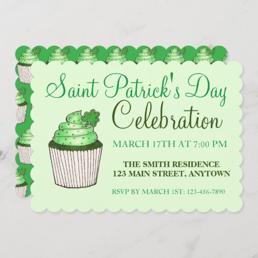 Invitation Shamrock vert Cupcake St. Patrick's Day (Devant / Derrière)
