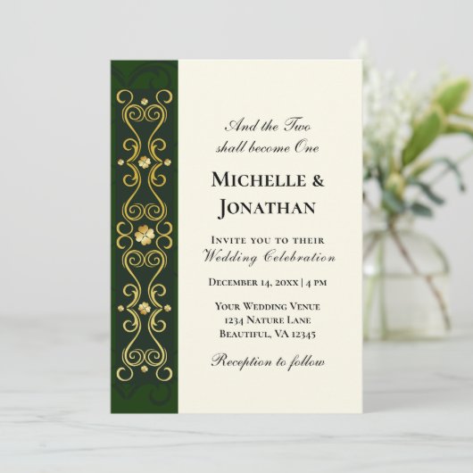 Invitation Shamrocks d'or irlandais sur Mariage chrétien vert (Debout devant)