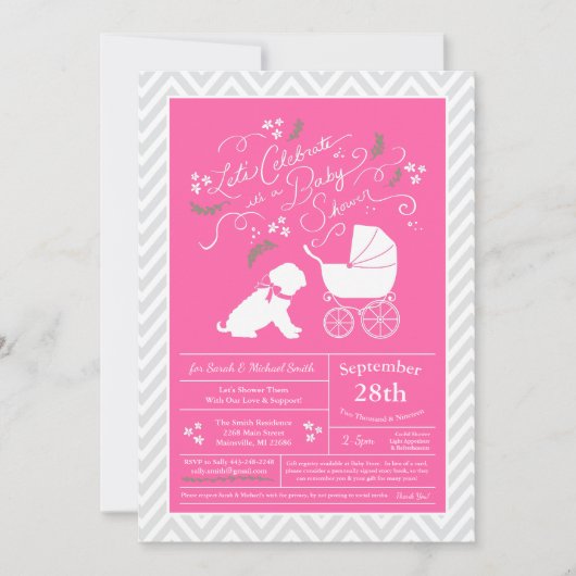 Invitation Shar-Pei Chien Baby shower fille rose (Devant)
