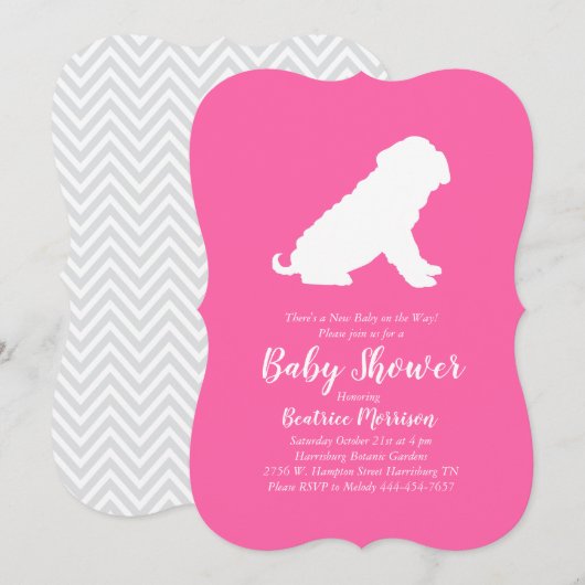 Invitation Shar-Pei Chien Baby shower fille rose (Devant / Derrière)