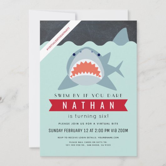 Invitation Shark Boy Navy Blue Virtual Pool Anniversaire (Devant)