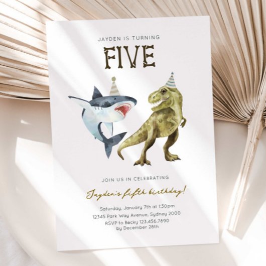 Invitation Shark & Dino 5th B'day Invite, T-rex Shark Party