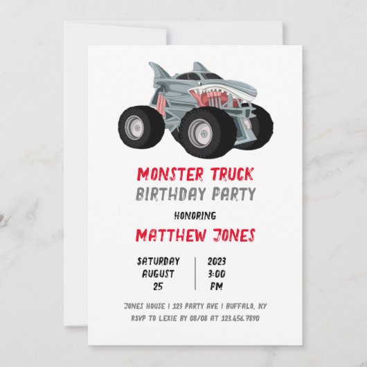 Invitation Shark Monster Truck Racing Drapeau fête d'annivers (Devant)