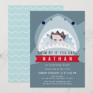 Invitation Shark Slate Blue Pool Boy Photo Anniversaire