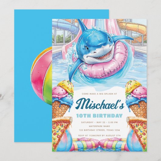 Invitation Shark Waterpark Fun Boys Pool Party Birthday (Devant / Derrière)