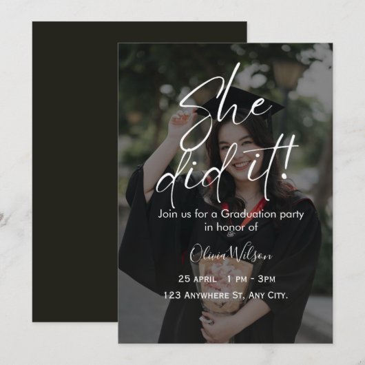 Invitation She Did It Script Fully Editable Graduation  (Devant / Derrière)