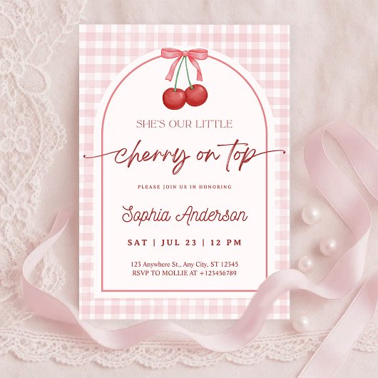 Invitation She is the Cherry on Top Gingham Baby Shower