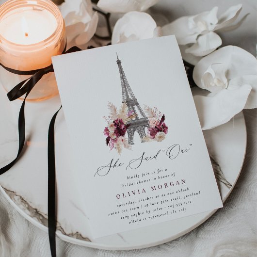 Invitation She Said Oui Burgundy Floral Paris Bridal Shower
