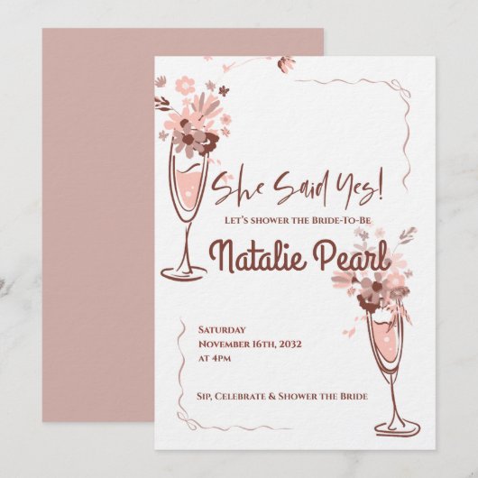 Invitation She Said Yes Blush Floral Champagne Bridal Shower (Devant / Derrière)