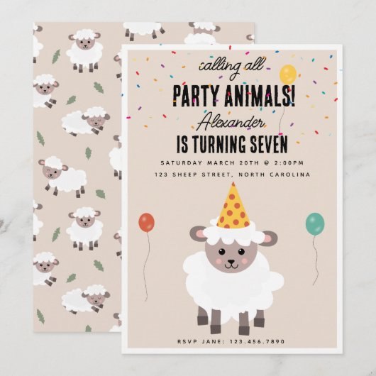 Invitation Sheep Lamb Cute Farm Party Animals Birthday (Devant / Derrière)