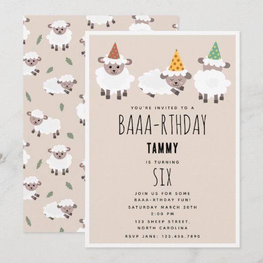 Invitation Sheep Lamb Cute Funny Farm Party Animals Birthday (Devant / Derrière)