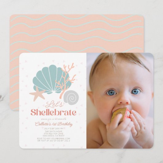 Invitation Shellebrate Seashell Retro Pink Photo 1er annivers (Devant / Derrière)