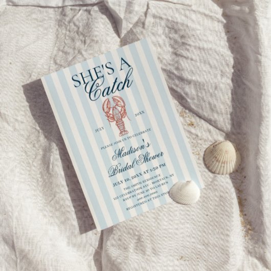 Invitation She's a catch Lobster Blue Striped Bridal Shower