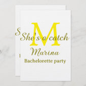Invitation She's a catch yellow monogram bachelorette party n (Devant / Derrière)