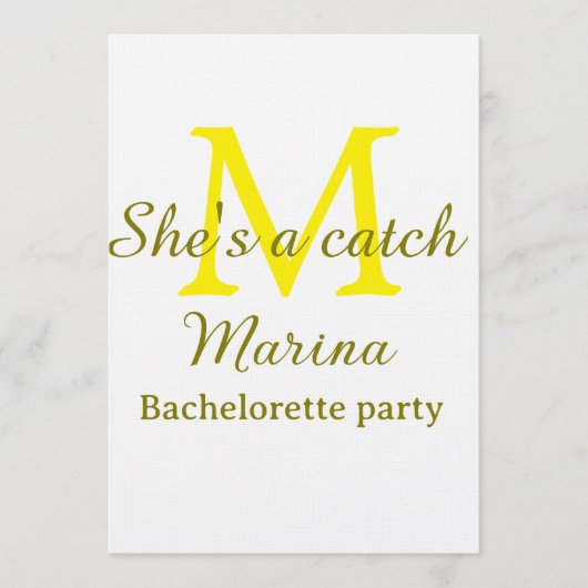 Invitation She's a catch yellow monogram bachelorette party n (Devant)