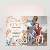 Invitation She's a Wild Five Floral Safari Birthday Photo (Devant / Derrière)