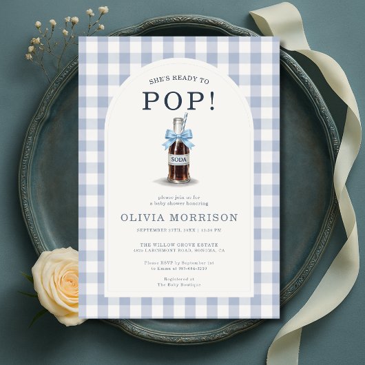 Invitation She's Ready to Pop Boy Blue Gingham Baby Shower