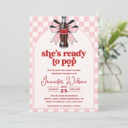 Invitation She's Ready to Pop Soda pink Baby Shower (Debout devant)