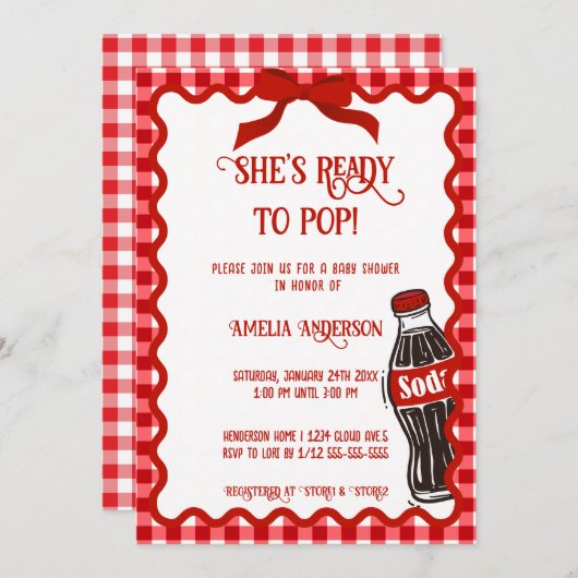 Invitation She's Ready to Pop Soda Red Gingham (Devant / Derrière)
