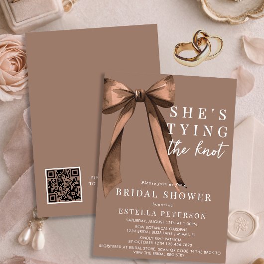 Invitation She's Tying The Knot Brown QR Code Bridal Shower