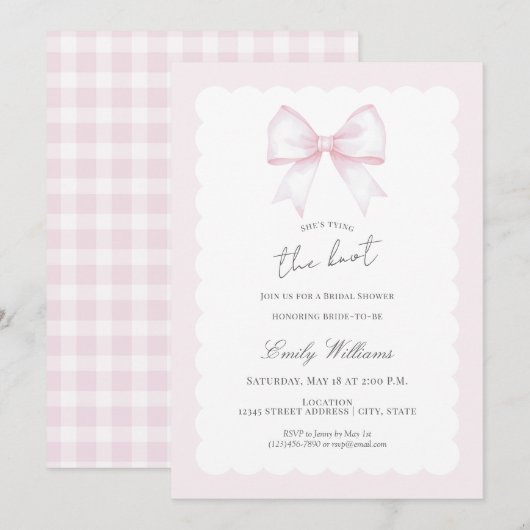 Invitation She's Tying The Knot Pink Blush Bow Bridal Shower (Devant / Derrière)