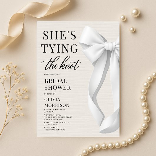 Invitation She's Tying The Knot White Ivory Bow Bridal Shower