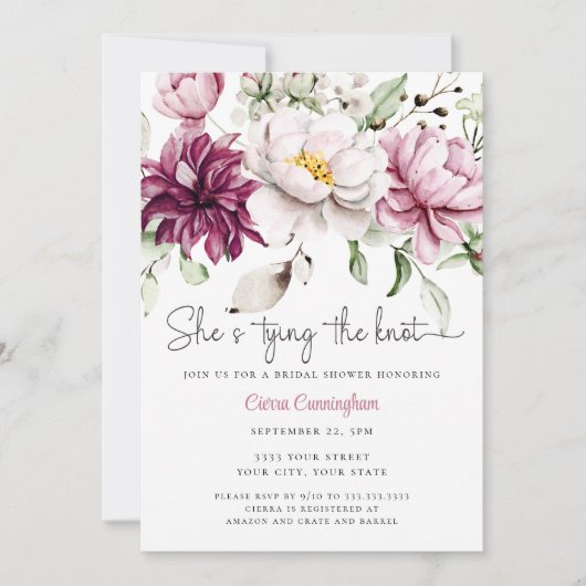 Invitation She's Tying the Knot White Pink Floral Bridal  (Devant)