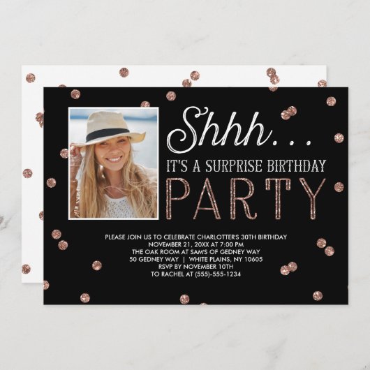 Invitation Shh Surprise Anniversaire Party Parties scintillan (Devant / Derrière)