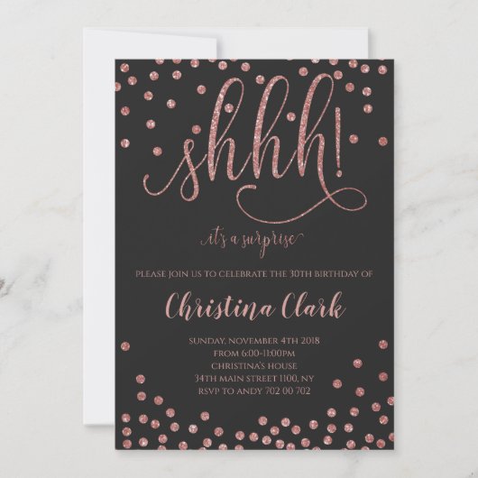Invitation Shh Surprise Birthday Party Rose Gold Confetti (Devant)