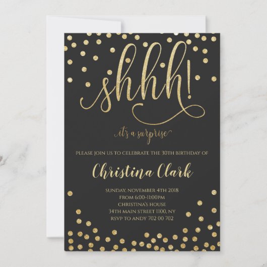 Invitation Shh Surprise fête d'anniversaire Black Gold Confet (Devant)